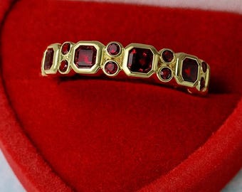Ruby Wedding Band, 14k Yellow Gold, Art Deco Red Gemstone Band, Anniversary Statement Gift, Half Eternity Delicate Bridal Band For Her