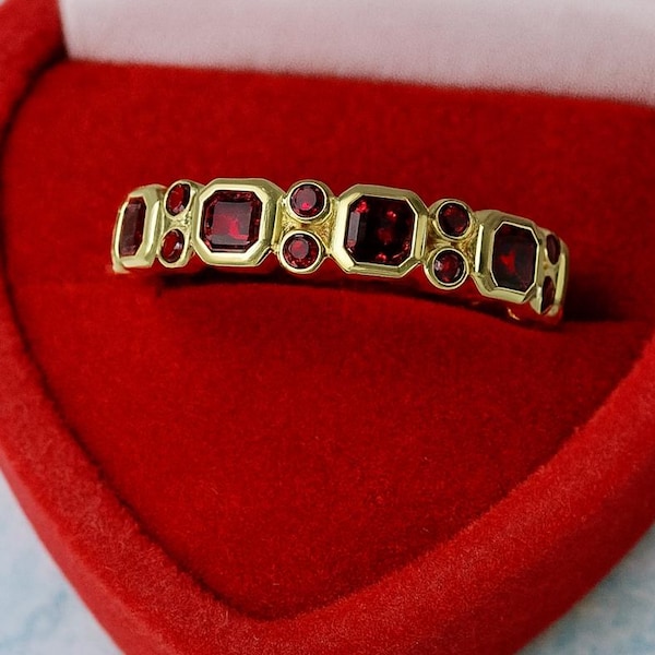 Art Deco Ruby Wedding Band: 14k Yellow Gold Half Eternity Band