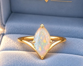 Vintage Marquise Cut White Opal Engagement Ring, Delicate Solitaire 14k Gold  Bridal Wedding Ring, Gift for Wife