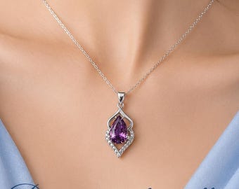 Amethyst Teardrop Pendant Necklace, Pear Cut Purple Gemstone Necklace, Silver Leaf Pendant, Elegant Gift for Her, Bridesmaid Jewelry