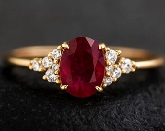 Vintage Halo Moissanite Ring: Oval Red Ruby, Solid Yellow Gold Bridal Engagement