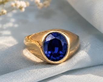 Dainty Blue Sapphire Men's Signet Ring, 14k  Solid Yellow Gold Oval Diamond Ring, September Birthstone Jewelry