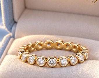 Round Cut Moissanite Engagement Band, Solitaire 14K Solid Gold Wedding Stackable Promise Ring, Gift For Her