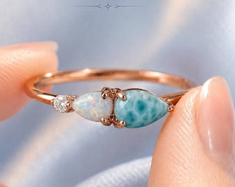 Rose Gold Pear Cut Larimar & Opal Ring, Minimalist Stackable Promise Ring, Diamond Accent Anniversary Gift Jewelry