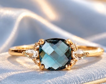 Delicate Cushion Cut London Blue Topaz Engagement Ring, Solitaire Moissanite Wedding Ring, Gift for Women