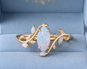 Opal Leaf Vine Ring, Marquise Opal Gold Ring, Nature Inspired Bridal Ring, Dainty Botanical Jewelry for Women