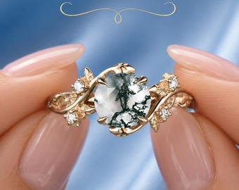 14k Solid Yellow Gold Round Natural Moss Agate Engagement Ring, Leaf Branch Diamond Accent Ring