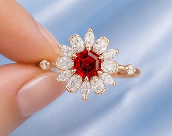 Vintage Hexagon Cut Ruby Engagement Ring, Solitaire Ruby Flower Ring, Diamond Halo Floral Promise Ring, Personalized Bridal Wedding Ring