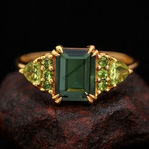 Emerald Cut Green Amethyst Engagement Ring, 14K Solid Yellow Gold Ring, Multi Gemstone Bridal Jewellery, Cluster Peridot Personalized Ring