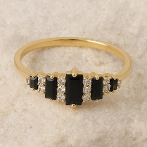 Baguette Cut Black Onyx & Round Cz Diamond Wedding Ring, 14K Solid Gold Stacking Engagement Ring, Anniversary Promise Ring, Gift For Women