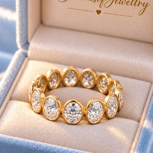 Oval Cut Moissanite Full Eternity Wedding Band, Bezel Set Gold Stackable Promise Ring, Birthday Gift Band