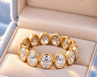 Oval Cut Moissanite Full Eternity Wedding Band, Bezel Set Gold Stackable Promise Ring, Birthday Gift Band