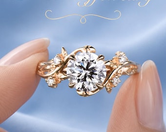 Vintage Round Cut Moissanite Engagement Ring, Art Deco Leaf Diamond Anniversary Promise Wedding Ring