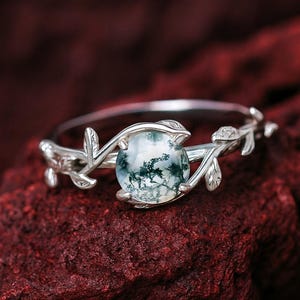 Natural Green Moss Agate Engagement Ring For Women, Nature Inspired Leaf Promise Ring, Unique Anniversary Gift For Her, 925 Sterling Silver