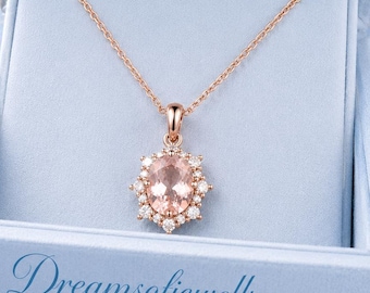 Elegant Oval Cut Morganite Necklace, Vintage Halo Gemstone Pendant, Peach Pink Crystal Necklace, Bridal Jewelry Gift for Her