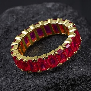 Vintage Lab Ruby Ring: Emerald Cut Red Gemstone, July Birthstone