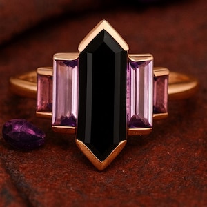Hexagon Cut Black Onyx Ring, Unique 14K Rose Gold Engagement Ring, Baguette Cut Amethyst Ring, Bezel Ring, Vintage Bridal Wedding Ring
