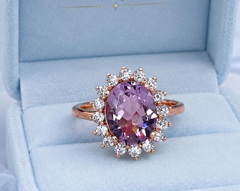 Oval Purple Amethyst Halo Ring, Rose Gold Engagement Ring, Vintage Floral Promise Ring, Diamond Cluster Statement Ring Gift for Her