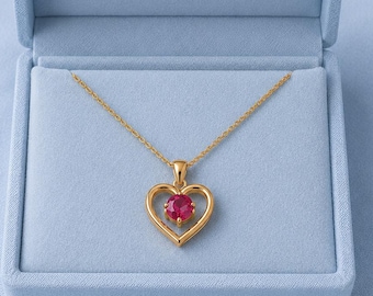 Ruby Heart Necklace, Heart Pendant Necklace, July Birthstone Jewelry, Minimalist Round Pink Gemstone Necklace, Romantic Gift for Her