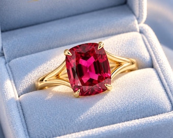 Danity Cushion Cut Ruby Engagement Ring, Modern Split Shank Solitaire Wedding Ring, July Birthstone Jewelry