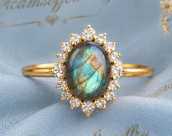 14k Solid Gold Oval Labradorite Engagement Ring, Vintage Style Halo Diamond Promise Ring, Bridal Gift for Her