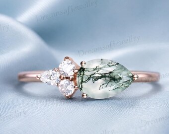 Pear Shaped Green Moss Agate Ring, Minimalist Side Moissanite Accents Wedding Proposal Ring, Tiny Promise ring