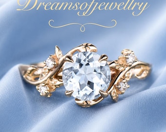 Vintage Round Cut Aquamarine Engagement Ring, Solid Leaf Branch Diamond Accent Nature Inspired Ring