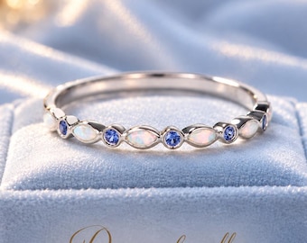 Danity Marquise Cut Opal & Sapphire Half Eternity Wedding Band, Delicate Bezel Setting Bridal Stacking Band, Gift for Women