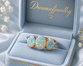 14K Gold Elegant Oval Cut Opal Engagement Ring, Dainty 3 Stone Ring, Bridal Promise Gift For Her
