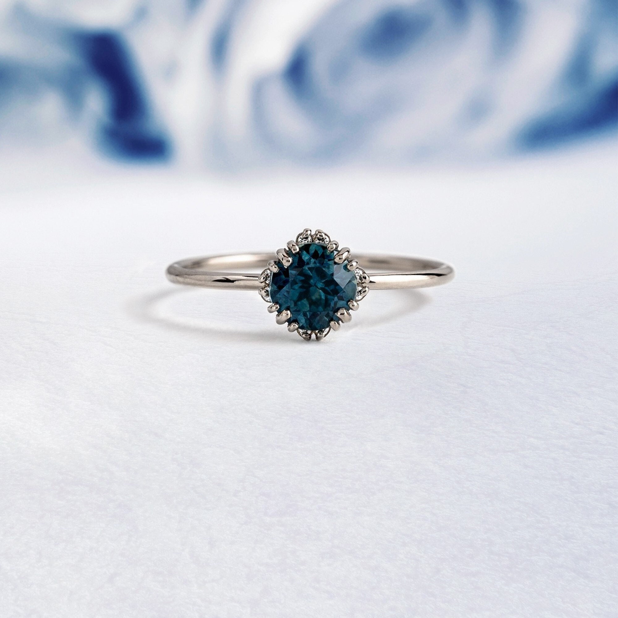 Vintage Montana Sapphire Engagement Ring, Round Shape Blue Green Sapphire Wedding Ring Teal Sapphire Dainty Ring, Black Friday Sale