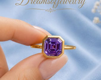 Dainty Asscher Cut Purple Amethyst Ring, Solitaire February Birthstone Bezel Set Gold Ring, Minimalist Everyday Signet Jewelry
