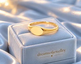 14K Solid Gold Custom Oval Signet Ring, Solitaire Engraved Pinky Promise Ring, Gift for Her