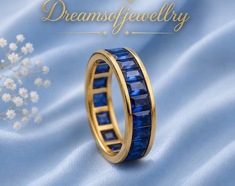 Blue Sapphire Eternity Band Ring, Gold Channel Set Wedding Band, Baguette Cut Anniversary Ring, Minimalist Stackable Ring