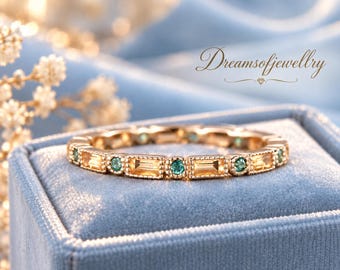 Vintage Baguette Cut Citrine Full Eternity Wedding Band, 14K Solid Gold Emerald Promise Band, Gift For Her