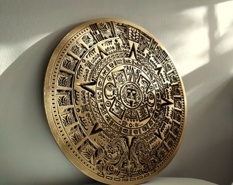 Large Wooden Mayan Calendar, Golden Aztec Calendar, Ancient Mayan Decor for Wall, Mexican Wall Art