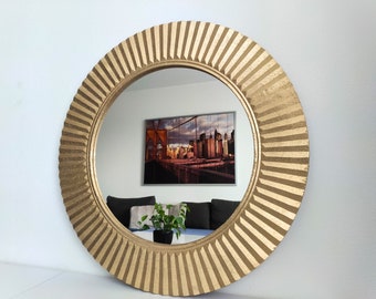 Wooden carved mirror, handmade circle golden mirror, Elegant wall hanging