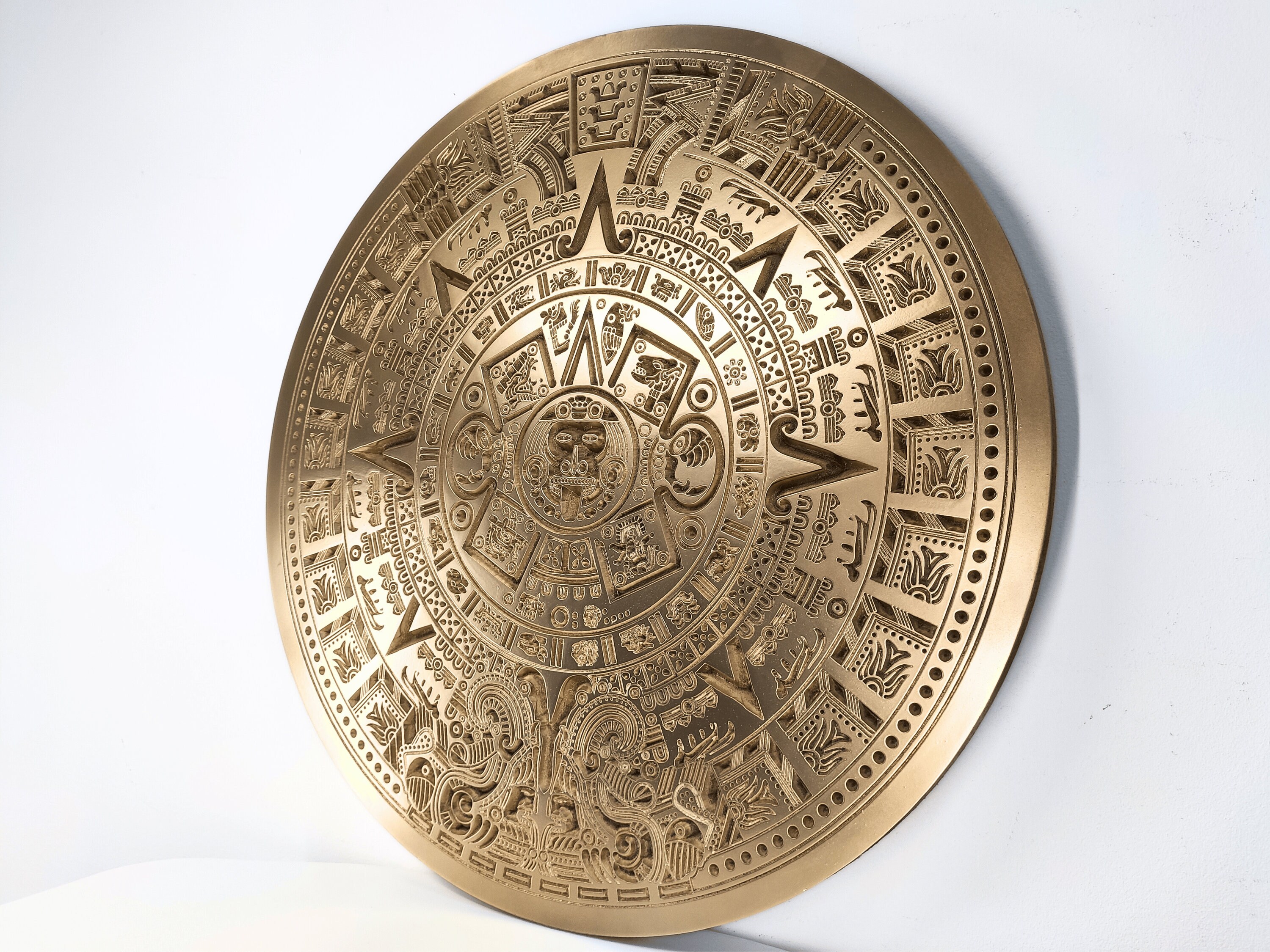 Large Wooden Mayan Calendar, Golden Aztec Calendar, Ancient Mayan Decor