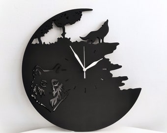 Wooden Wall Clock with Wolves, Modern Black Clock, Wolf Clock for Wall, Gift for Nature Lovers, Wall decor