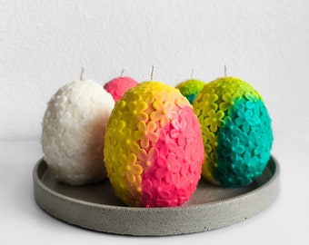 Colored Large Soy Wax Candle Egg in Flowers, Ecological Handmade Home Decoration, Flowered Spring Decor, Unscented Easter Candle