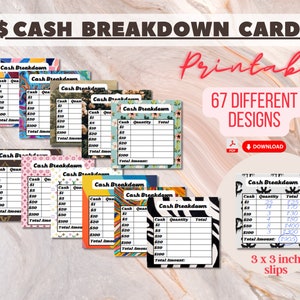 Imprimible 67 Tarjetas de desglose de efectivo / Comprobante de desglose de efectivo / Tarjetas de retiro bancario / Comprobante de cajero bancario / Sistema de sobres de efectivo