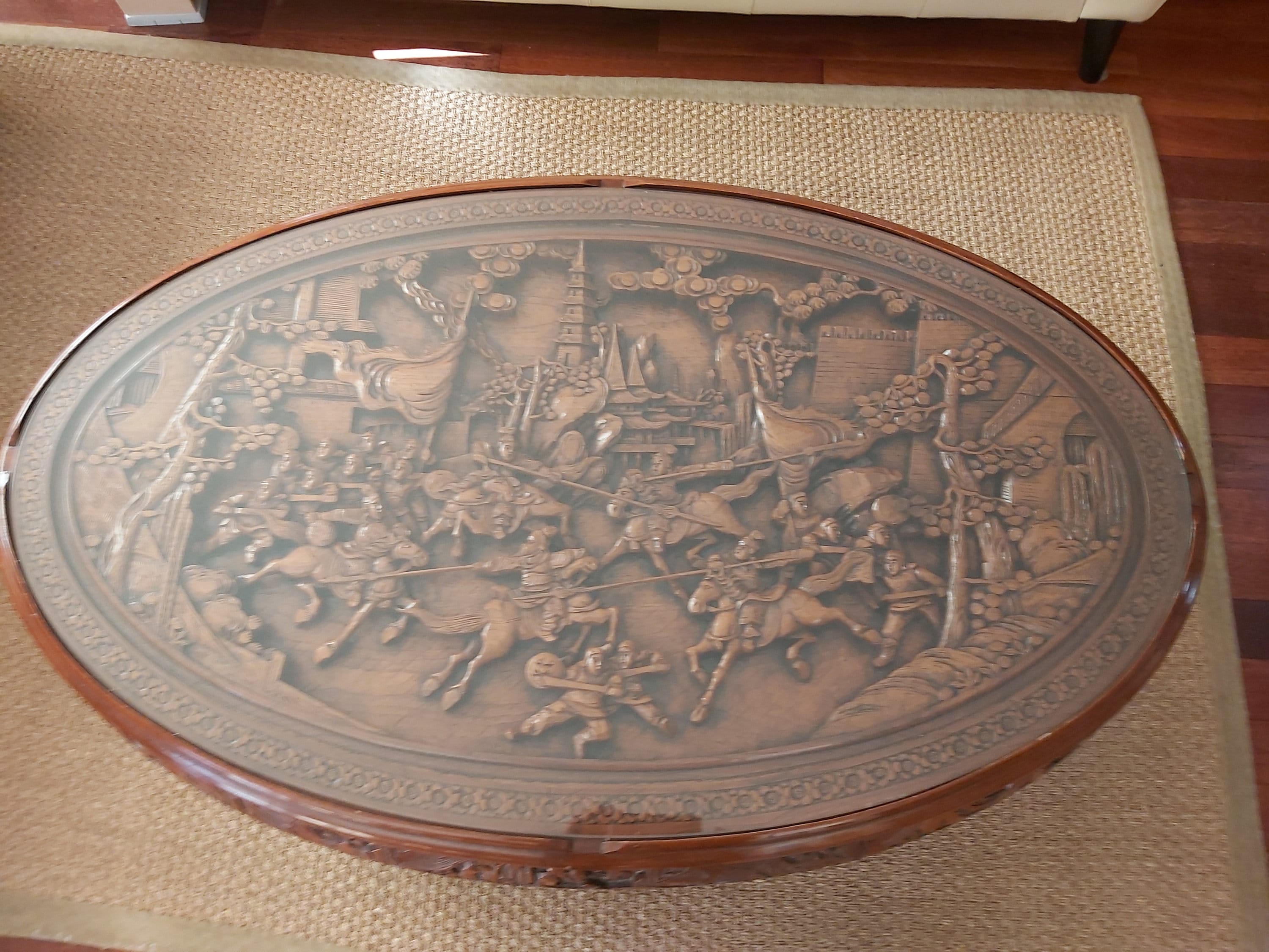 20th Century Asian Mahogany Carved Coffee/tea Table With Glass Top 20th Century Asian Mahogany Carved Coffee/tea Table With Glass Top