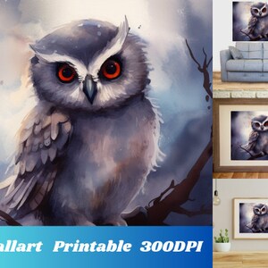 Halloween Owl, Pastel Owl Drawing, Digital Art Print, Watercolor Baby Owl Wall Art, Spooky Wall Decor, PNG, Bird Decor, Printable Artwork