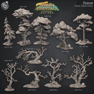 May include: A set of 3D printed miniature trees and dead trees for tabletop gaming. The set includes a giant tree, a wide tree, a spruce tree, a thin tall tree, a short tree, and five dead trees in various poses.