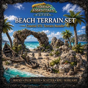 May include: A digital beach terrain set for tabletop gaming featuring a sandy shore, rocky archways, palm trees, and two weathered wooden boats. The scene includes small figurines, scattered rocks, and coastal vegetation under a bright blue sky.