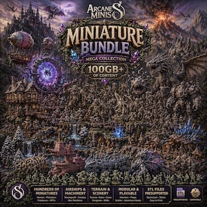 Könnte beinhalten: Digitales Kunstbild, das ein Miniaturenbündel bewirbt. Das Bild zeigt eine Fantasy-Landschaft mit Burgen, Drachen, Luftschiffen und verschiedenen Miniaturfiguren. Der Text enthält "Arcane Minis", "Miniature Bundle" und "100GB+ of Content."