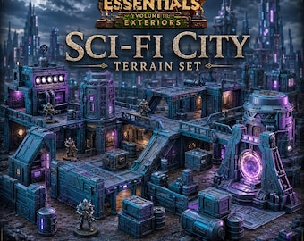May include: A sci-fi city terrain set featuring modular blue and purple structures, including elevated walkways, cylindrical towers, and a glowing portal. The set includes small soldier figurines and crates, with text reading Terrain Essentials Volume III Exteriors.