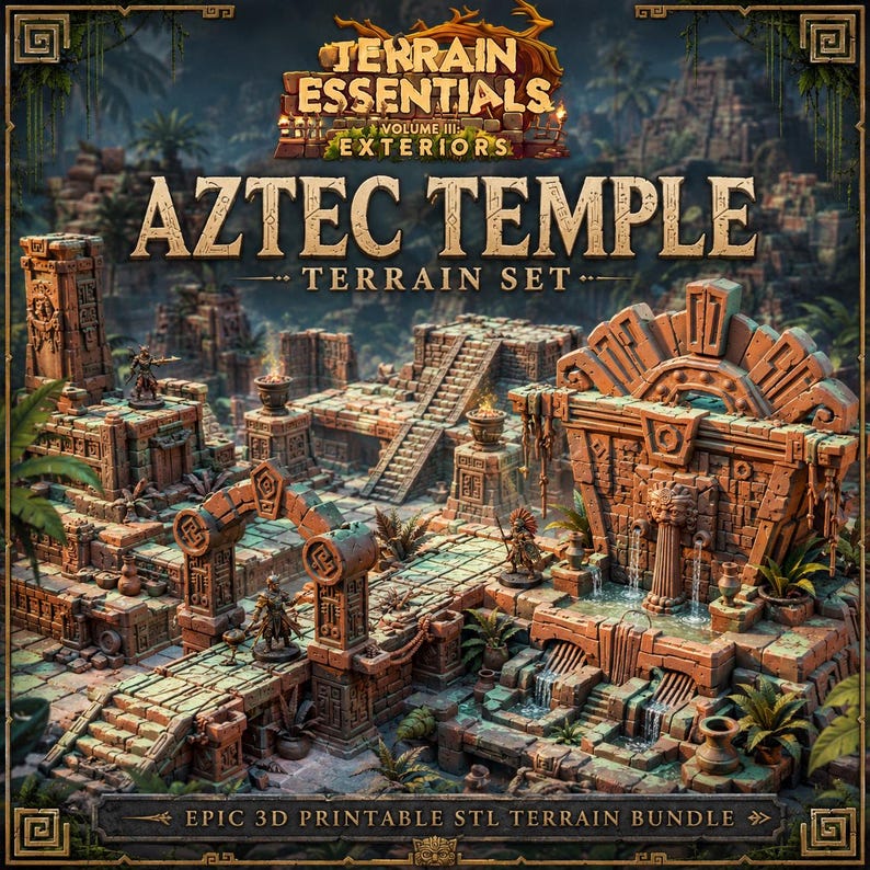 May include: A 3D printable Aztec Temple terrain set featuring stone structures, staircases, arches, and water features. The text reads Terrain Essentials Volume III Exteriors Aztec Temple Terrain Set Epic 3D Printable STL Terrain Bundle.