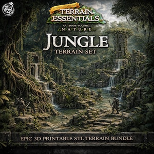 Könnte beinhalten: Eine digitale Illustration eines Dschungel-Geländesets mit Steinruinen, Wasserfällen und dichter Vegetation. Der Text lautet: Terrain Essentials, Outdoor Volume: Nature, Jungle Terrain Set, Epic 3D Printable STL Terrain Bundle.