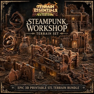 Può includere: Un set di terreno per officina steampunk marrone e dettagliato con complessi meccanismi a ingranaggi, strutture industriali e figure in miniatura. Il testo recita Terrain Essentials Volume III Exteriors Steampunk Workshop Terrain Set Epic 3D Printable STL Terrain Bundle.