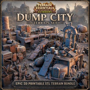 Könnte beinhalten: Eine Sammlung von 3D-druckbaren Miniatur-Geländestücken mit dem Titel Terrain Essentials Volume III Exteriors Dump City Terrain Set. Das Set enthält verschiedene Schrottbauten, einen Wasserturm, ein Schiffsrad und Trümmer für Tabletop-Spiele.